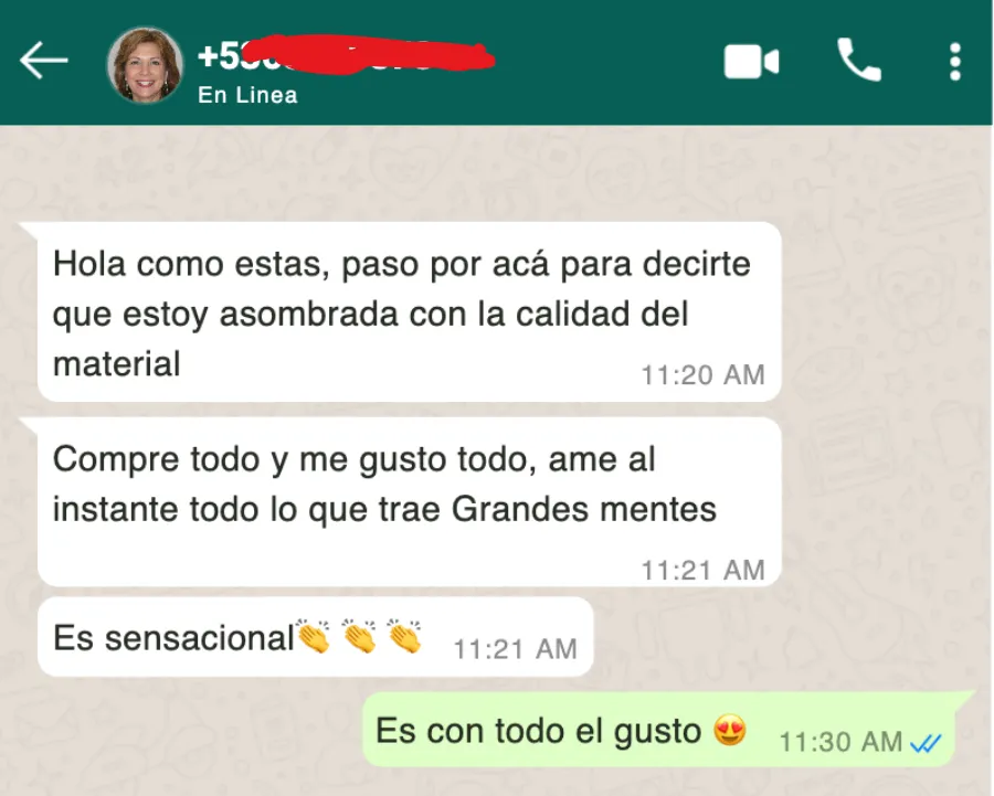Mensaje de WhatsApp: Estoy asombrada con la calidad del material