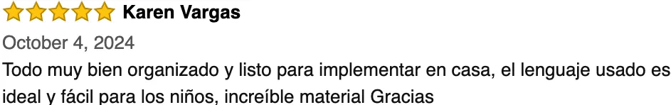 Reseña 5 estrellas de Karen Vargas: todo muy bien organizado y listo para implementar en casa